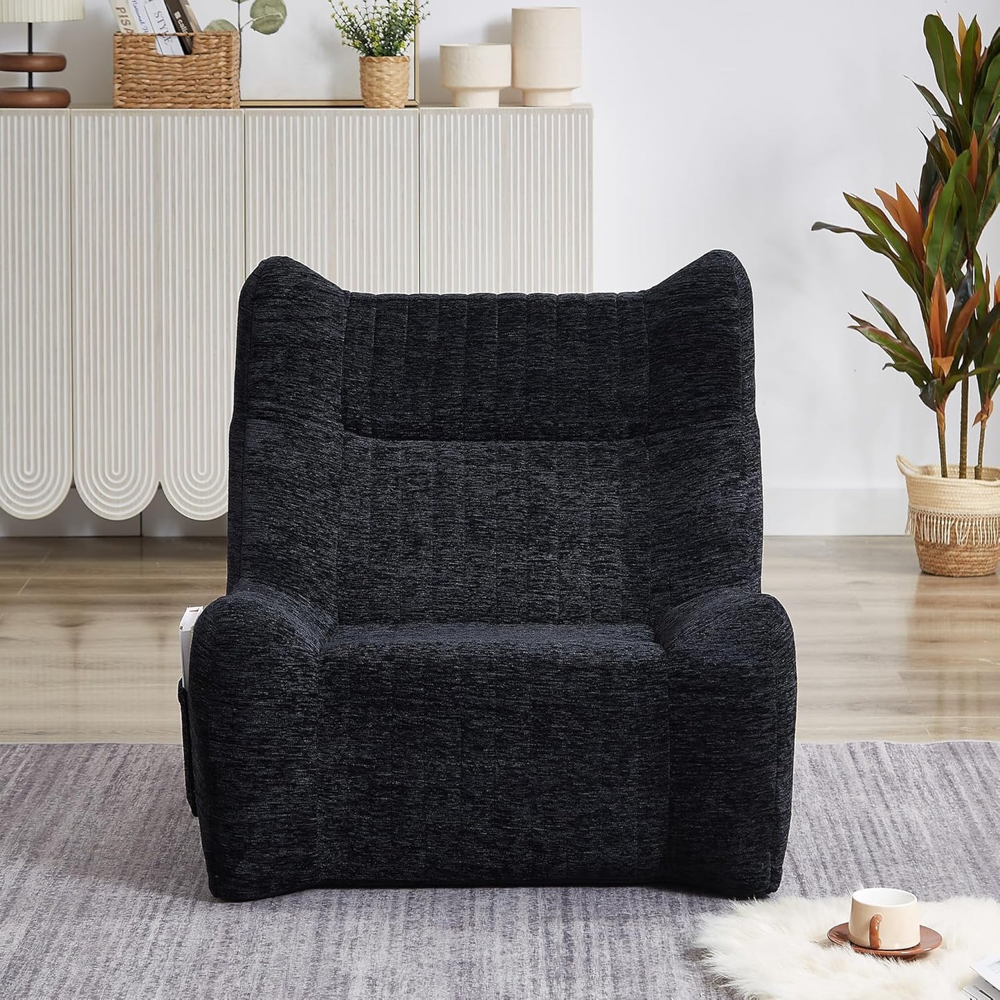 Bean Bag Chairs for Adults and Kids, Oversized Comfy Lazy Floor Sofa, Chenille Upholstered Boneless Couch Chair with Side Pockets, Memory Lounge Reading Chair for Living Room Bedroom Office (Black)