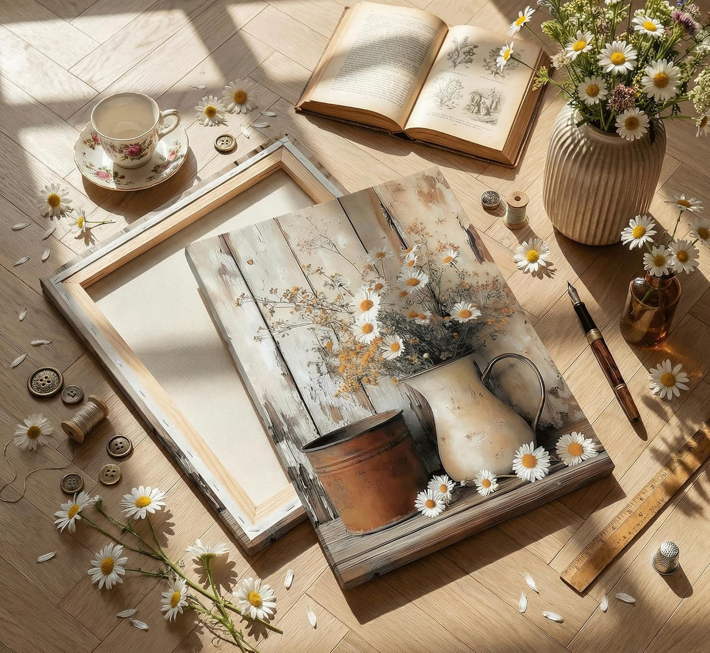 Rustic Farmhouse Daisy Floral Canvas Wall Art Vintage Neutral Country Wall Decor Picture Still Life In Vase Poster Print for Bathroom Living Room Bedroom Home Paintings Decoration Prepare To Hang