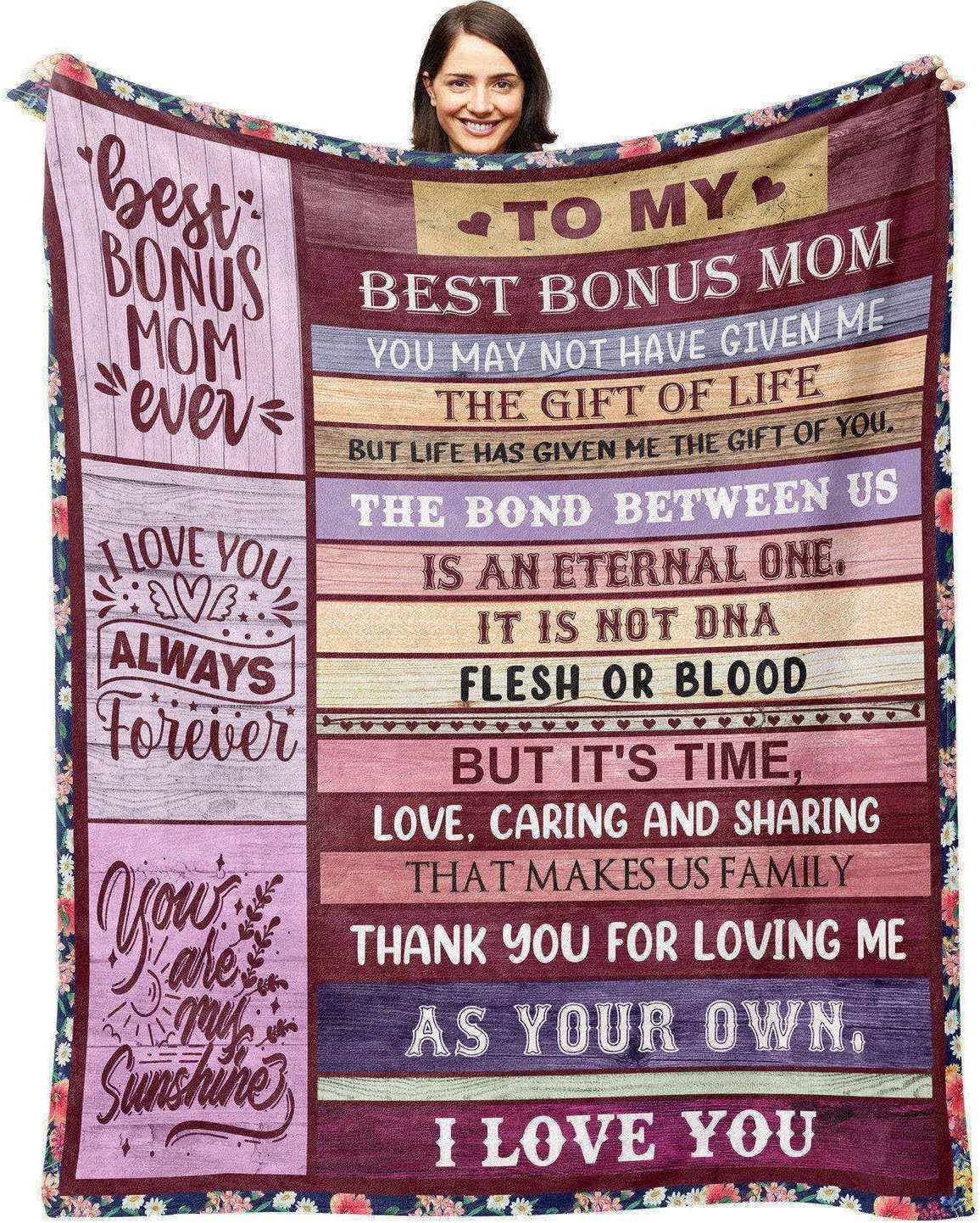 Gifts for Bonus Mom from Daughter, Bonus Mom Birthday Gifts from Son, Mothers Day Christmas Bday Presents for Mother in Law Throw Blanket 60" X 80"