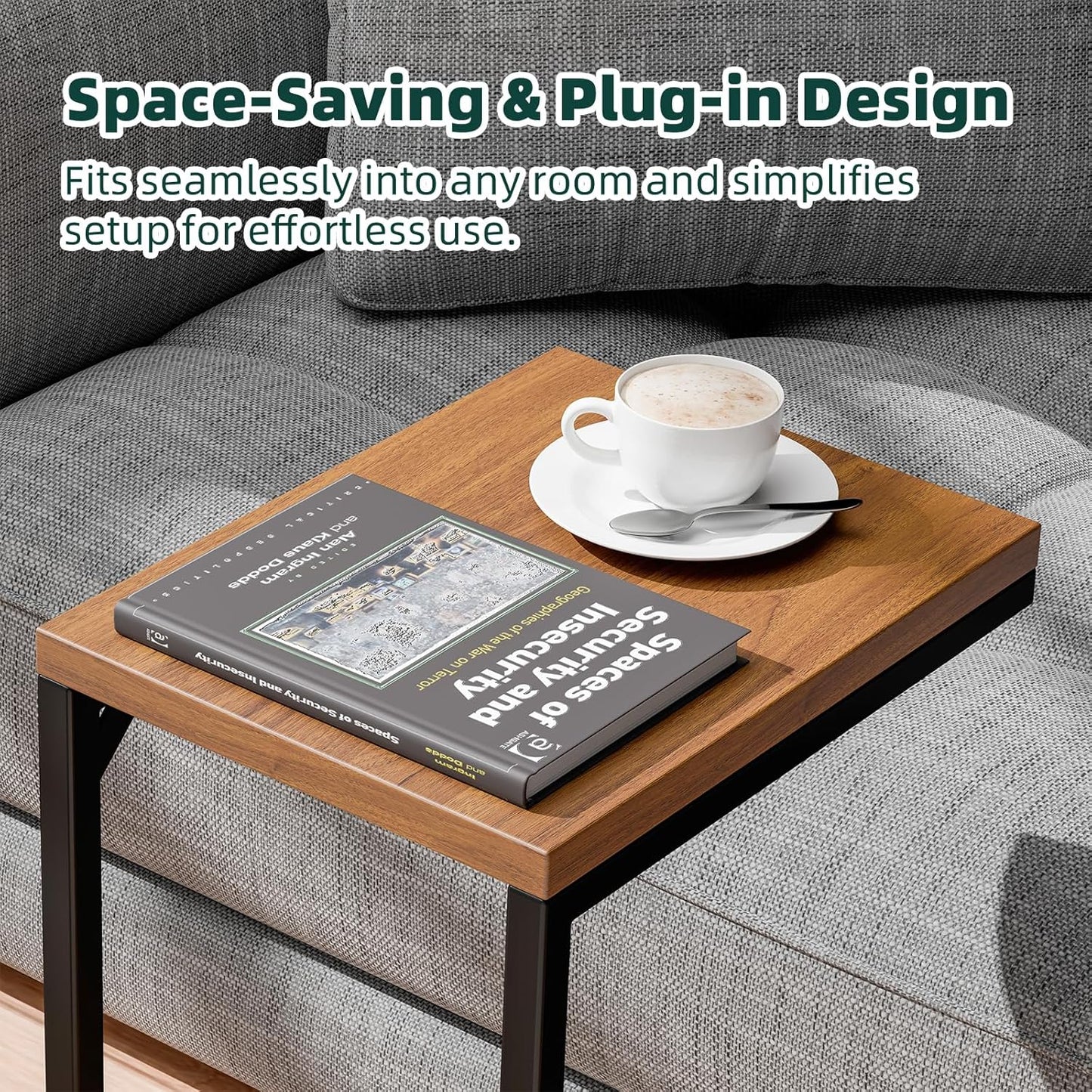 C Shaped End Table, Narrow Side Table for Couch, Small Sofa Table with Metal Frame, TV Tray Table for Living Room Bedroom Small Spaces, Brown
