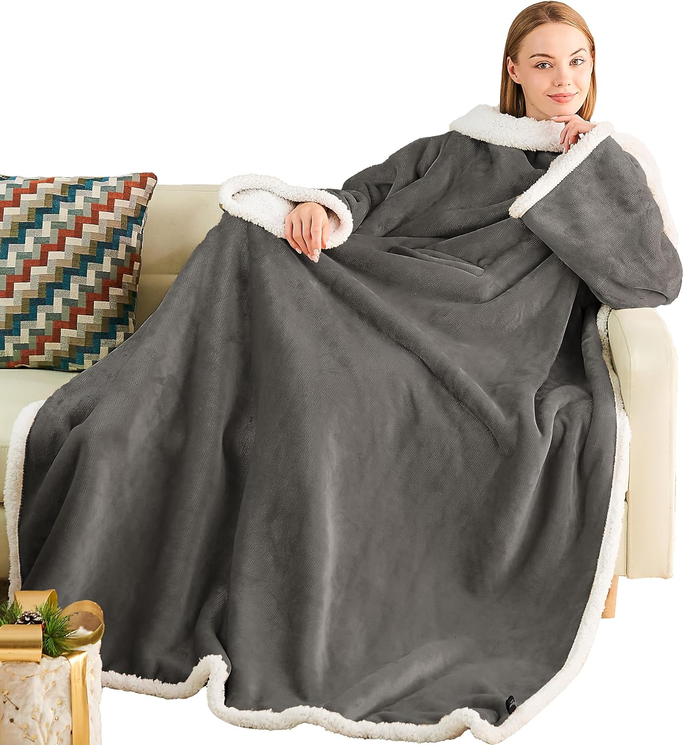 Ramees Sherpa Wearable Blanket with Sleeves and Pockets, Soft Warm TV Blanket Throw for Men and Women