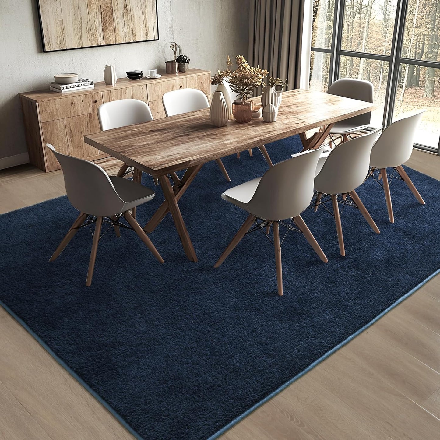 Foxmas 5x7 Area Rugs for Bedroom Living Room, Navy Blue Soft Thickened Memory Foam Carpet, Non-Slip Washable Indoor Modern Minimalist Shaggy Rug for Boys Girls Dorm Home Decor