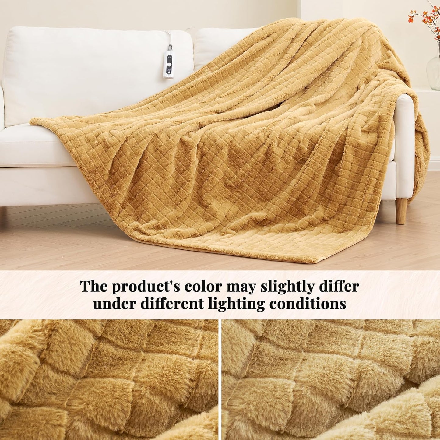 CURECURE Heated Blanket Full Size 72"x84", Soft Warm Faux Rabbit Fur Electric Blanket with 6 Heating Levels, 10 Hours Auto-Shutdown, Fast Heating, Home Use, Machine Washable, Gifts for Adults, Khaki