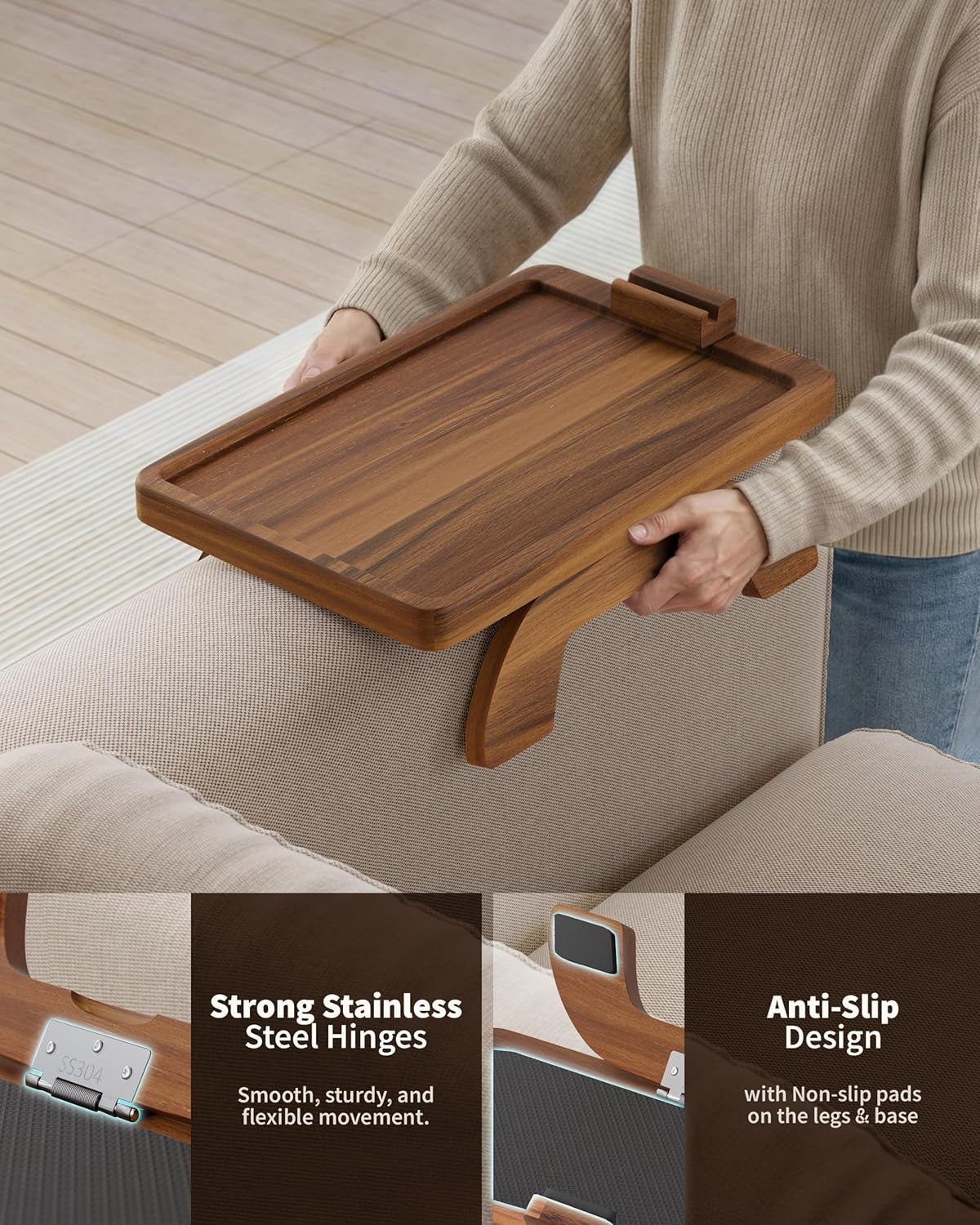 BLUEWEST Sofa Armrest Tray,15.4''x9.8'' Acacia Wood Couch Arm Clip on Tray Table with 360° Rotating Phone Holder –Fits Most Couch Arm Sizes–Non-Slip, Arm Table for TV Dinners, Remote, Drinks & Snacks