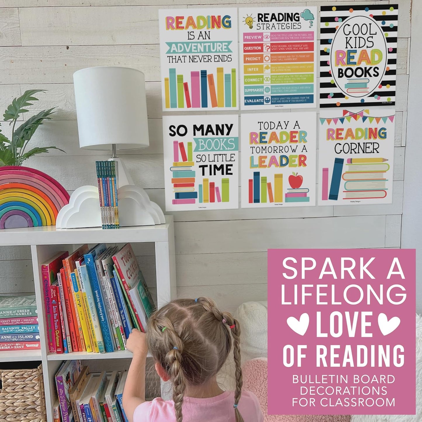Hadley Designs Motivational Reading Posters for Classroom Elementary –6 Reading Strategies Posters for Classroom Library Decor, Read Corner School Library Poster, Colorful Bulletin Board Decorations