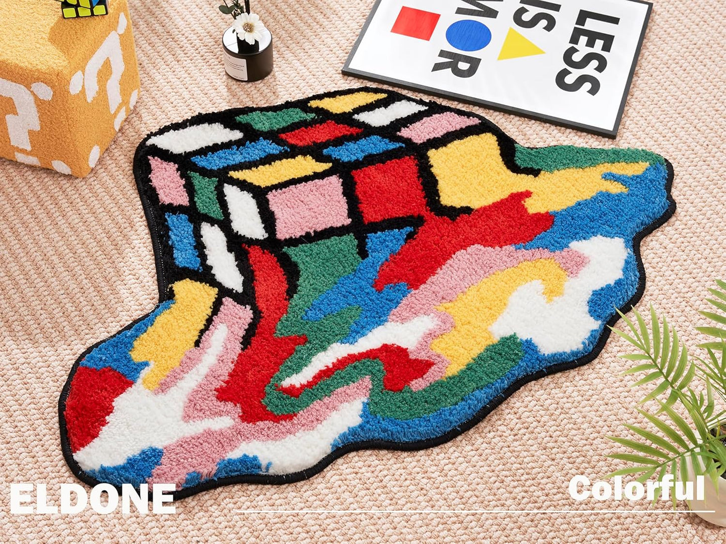 ELDONE Melted Magic Cube Rug, Funky Aesthetic Area Rugs 34 x 24 inch Non Slip Washable, Abstract Cute Unique Bathroom Bedroom Small Rugs, Funny Colorful Cool Rugs
