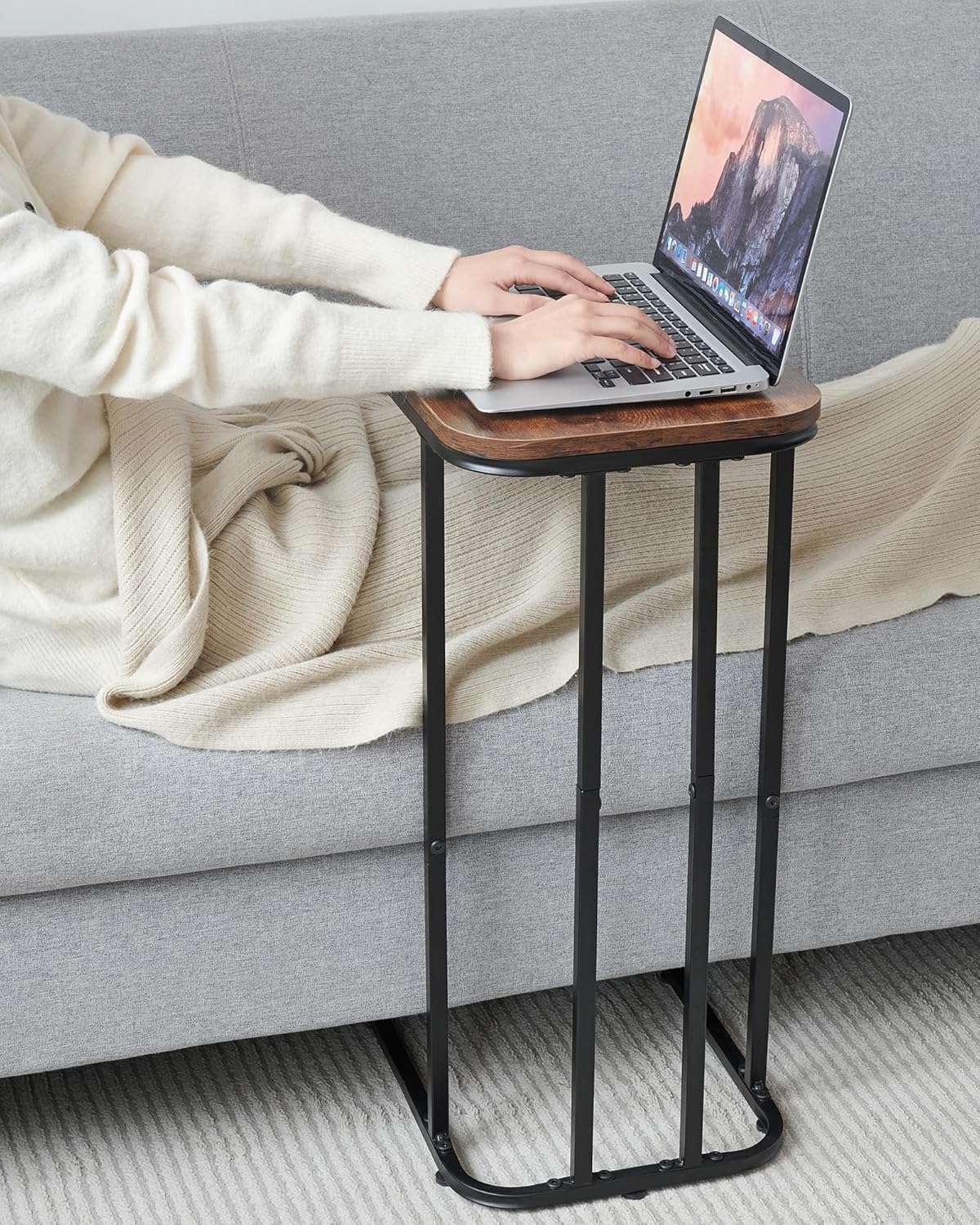 C Shaped End Table Set of 2, 26.6 inches High Small Side Table for Couch Sofa Bed, Tall Tv Tray Table, for Living Room, Bedroom, Metal Frame, Industrial Style, Rustic Brown & Black