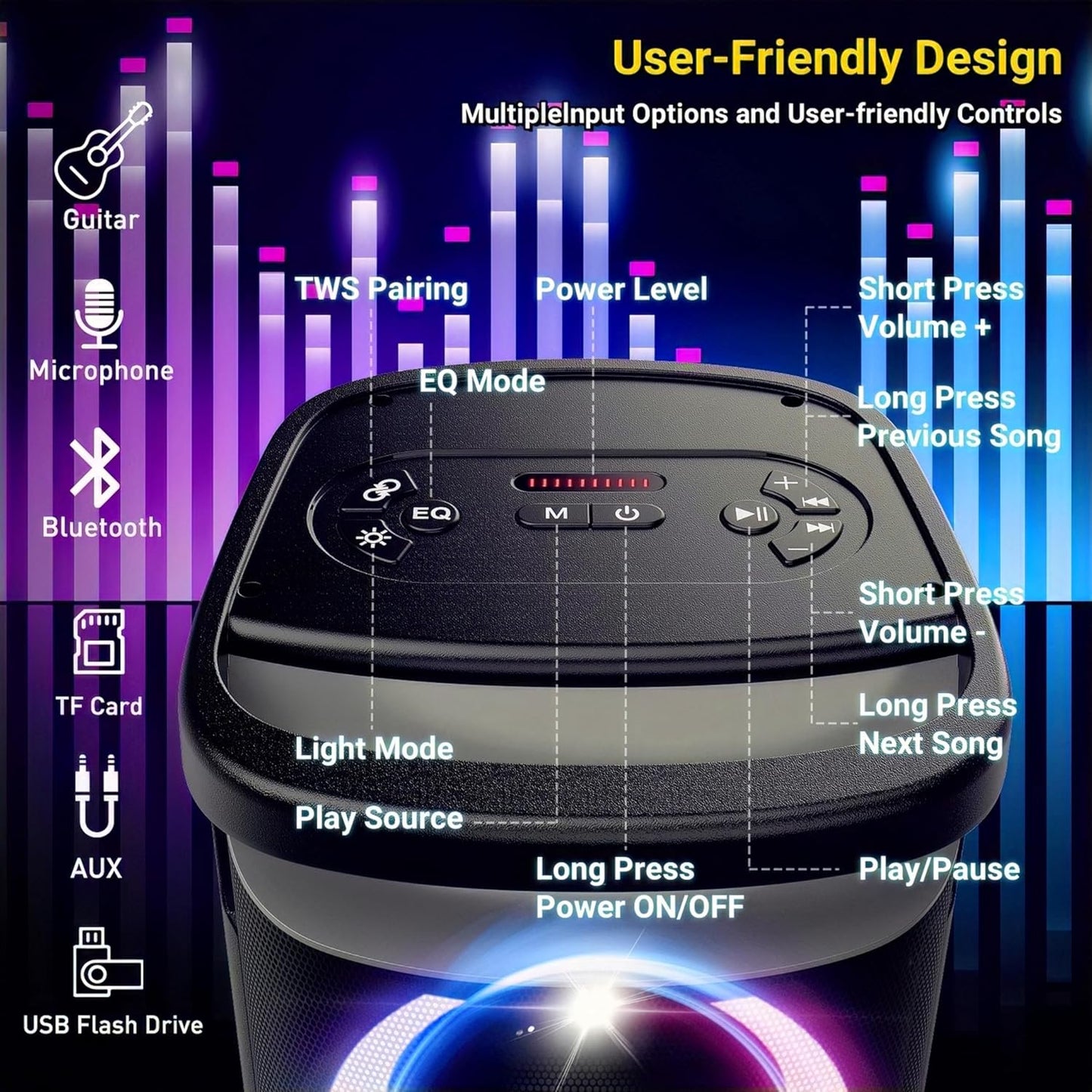 Portable Bluetooth Speaker: 160W Peak Powerful Loud Sound Deep Bass Wireless Boombox Large Subwoofer 15 Hours Battery Life Fast Charging with Led Light Show for Party Outdoor Camping Backyard