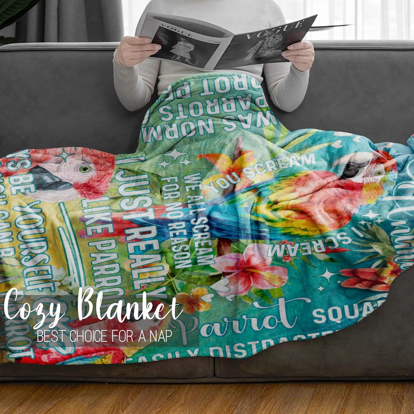 Parrot Gifts, Gifts for Bird Lovers, Parrot Flannel Throw Blanket for Adults, Teens, Boys, Sons, Brothers, Best Friends, Coworkers, 50 X 65 Inches