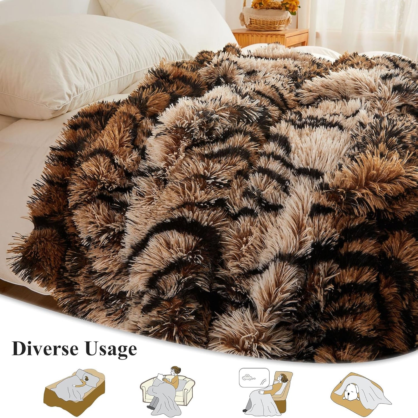 XeGe Luxury Faux Fur Throw Blanket, Soft 50x60 Tiger Print Fluffy Blanket Throw, Shaggy Plush Decorative Farmhouse Couch Blanket, Cute Furry Throw Fuzzy Blanket for Sofa Bed, Tiger Print Brown