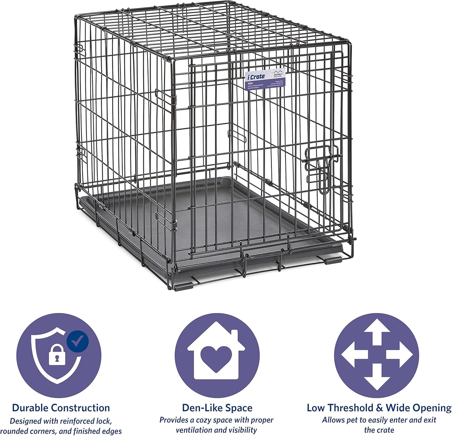 MidWest Homes for Pets 24-Inch iCrate for Small Breeds, 12-20 lbs, Single Door Folding Dog Crate with Divider Panel, Leak-Proof Tray & Secure Latch, Portable, Durable & Easy to Assemble