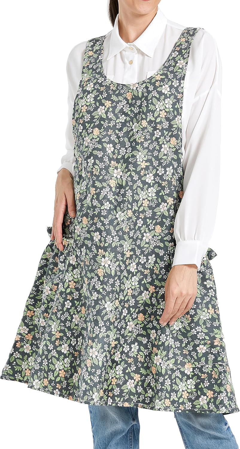 APRONNER Cozy Adjustable Cross Back Aprons for Women with Pockets Cotton Linen Cooking Kitchen Baking