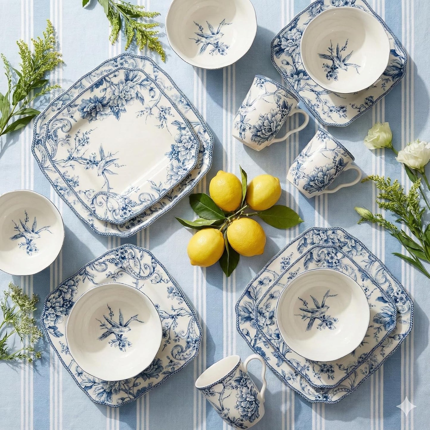 222 Fifth Adelaide 16-Piece Floral Porcelain Dinnerware Set | Microwave and Dishwasher Safe Dining Set for 4 | Stackable and Chip-Resistant Plates Bowls and Cups | Gift for Housewarming and Wedding