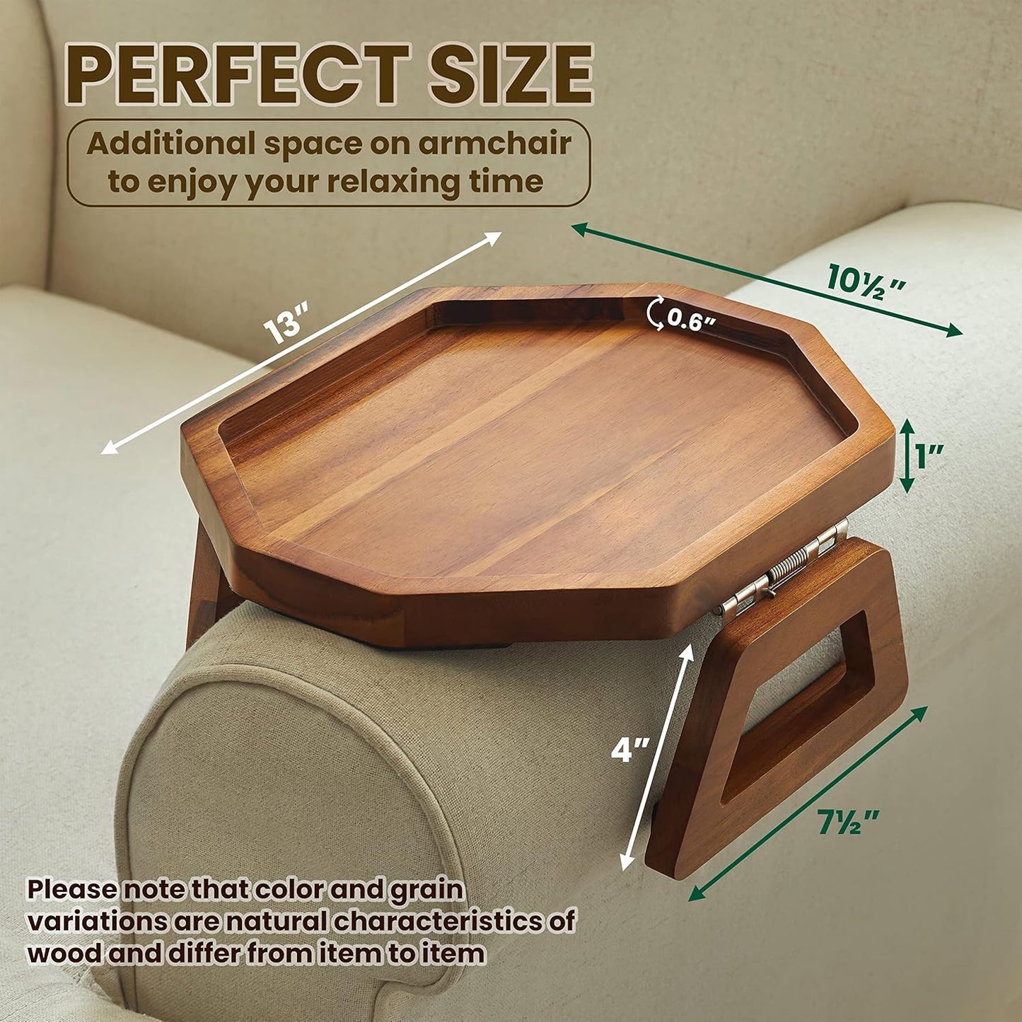 Tinamo Octagonal Acacia Sofa Arm Tray, Couch Armrest Table with Folding Arms - Armchair Caddy, Clip on Tray with Adjustable Arm Hinges for Home Sofa Living Room (Acacia, Octagon)