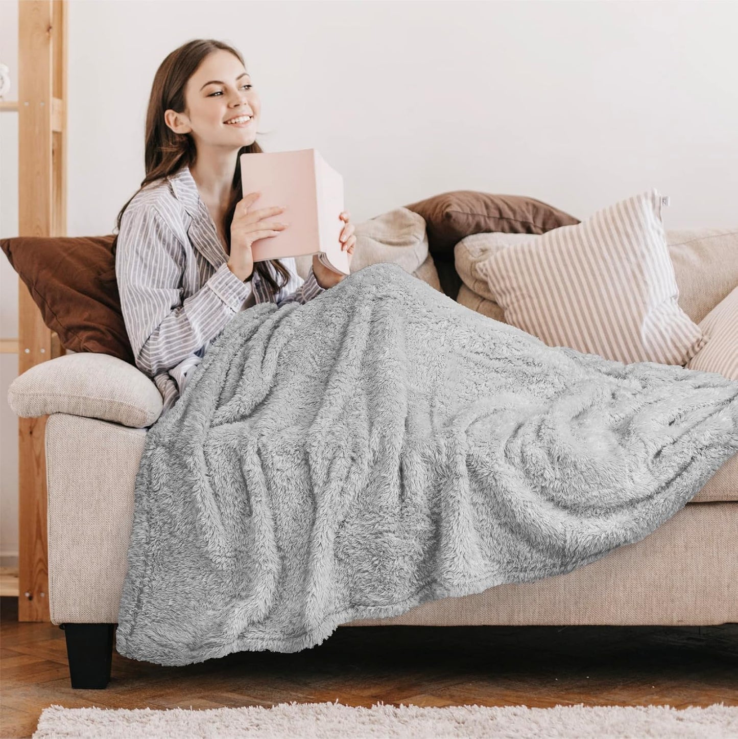 PAVILIA Sherpa Throw Blanket for Couch Sofa, Light Grey Fluffy Warm Plush Blanket for Bed, Cozy Super Soft Lightweight Throw, Fuzzy Decorative Blanket, All Season Home, 50x60