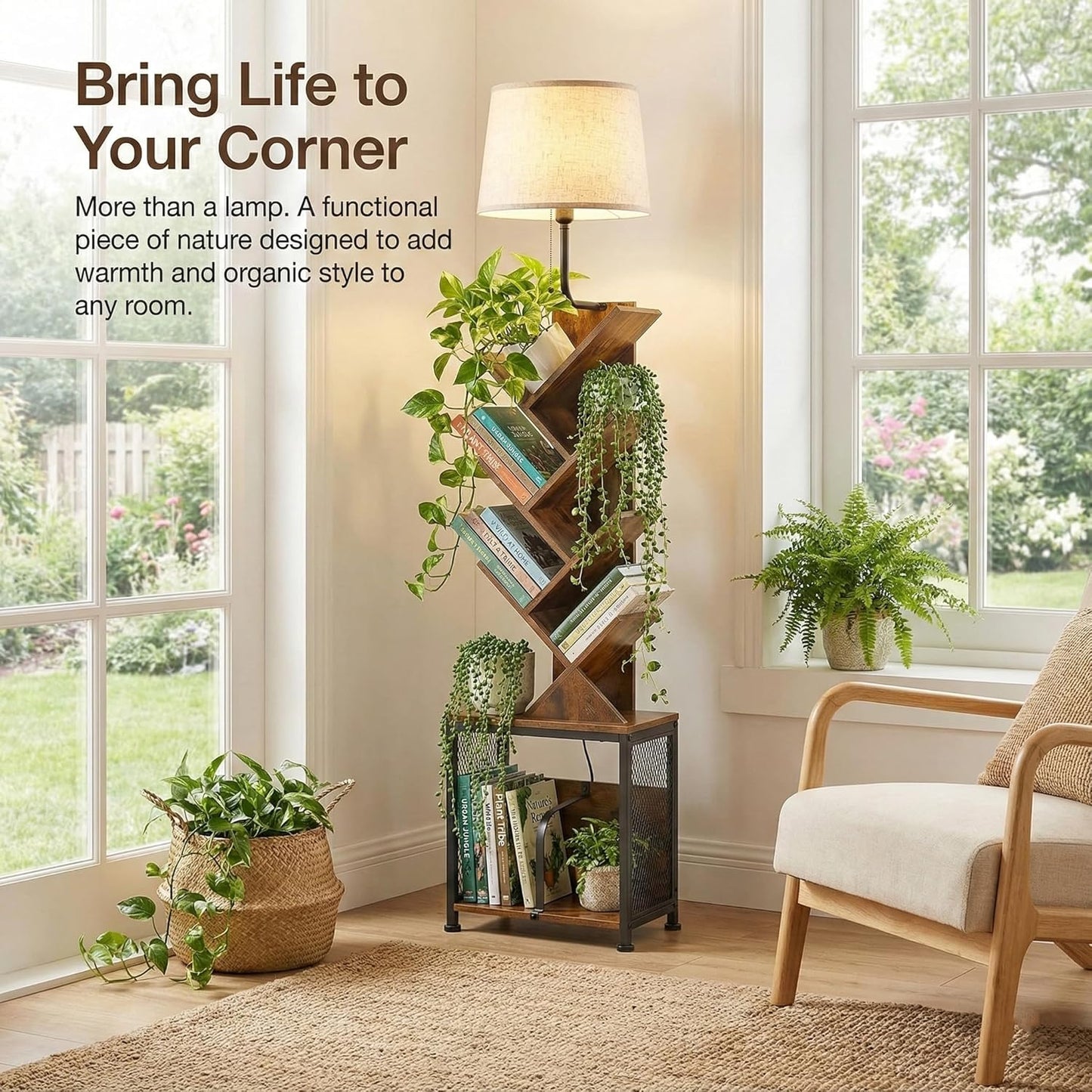 3in1 Tree Bookshelf Floor Lamp W/ Storage Cabinet, 62" Tall Reading Light with Unique Oval Fabric Shade & 8-Tier Book Organizer, Modern Standing Lamp for Living Room, Bedroom, Office (Rustic Brown)
