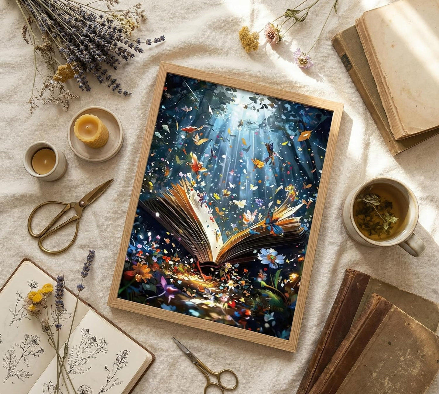 Framed Book Canvas Wall Art Butterfly Emerging From Book Picture Wall Decor Reading Enthusiasts Poster Print Painting for Library Reading Room Bedroom Modern Reading Concept Home Decoration