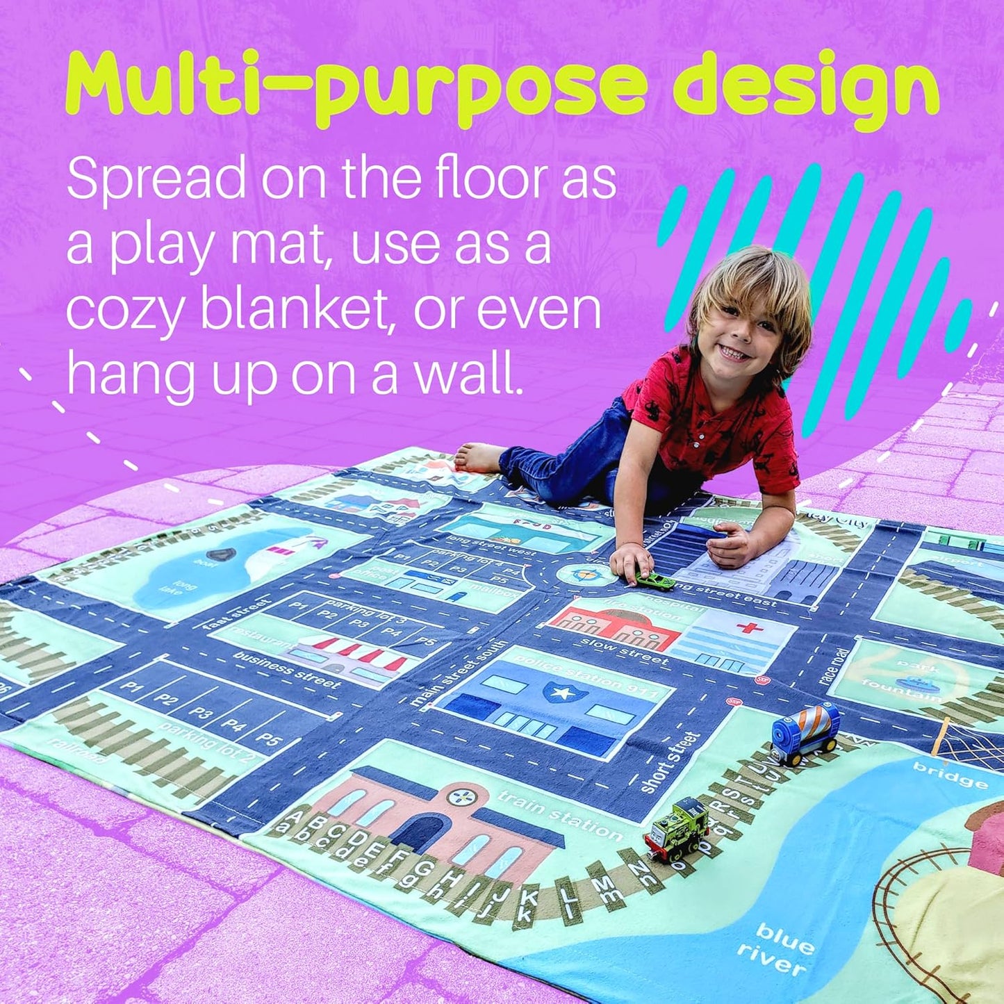 Birdy Boutique – Learning Blanket® – Double-Sided Dinosaur & Vehicle City Theme – 50" x 60" Soft Minky Educational Blanket for Kids – Playmat Throw for Preschool, Toddler, Daycare, Bedroom or Travel