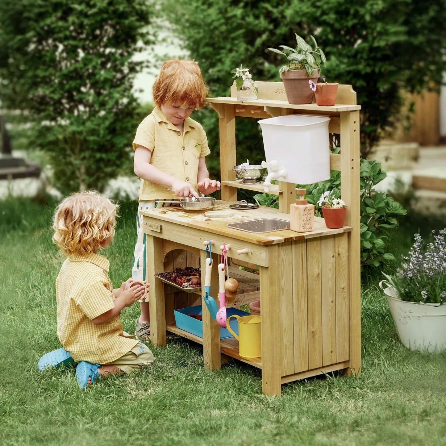 Tiny Land Outdoor Mud Kitchen for Kids, Wooden Play Kitchen with Water Tank, Water & Cooking Play, Sensory Fun, Weather-Resistant with Storage, Ideal for Toddlers Ages 3+
