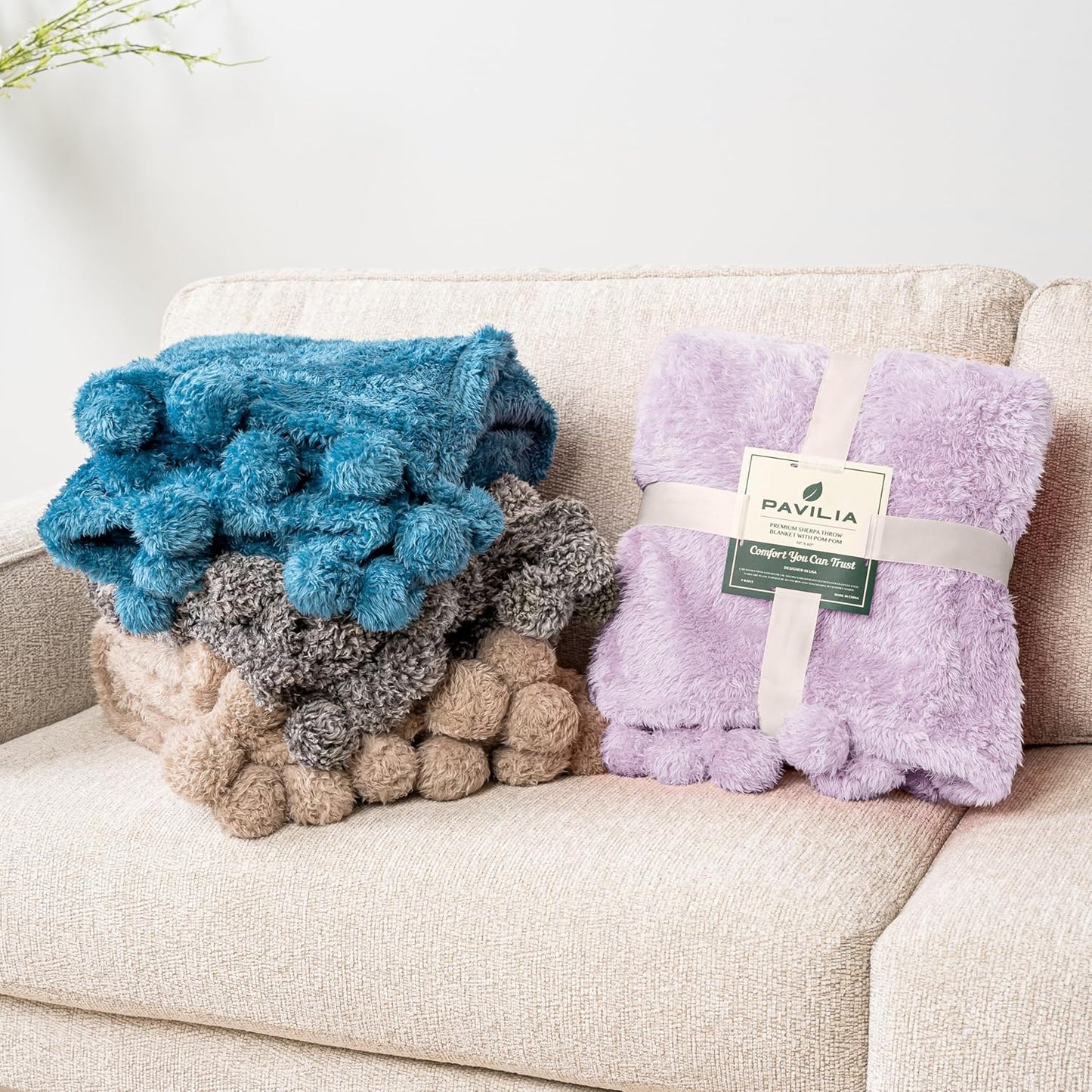 PAVILIA Lavender Sherpa Throw Blanket for Couch, Warm Plush Pom Pom Blanket Throw, Light Purple Fuzzy Sofa Throw, Lightweight Soft Cozy Fluffy Blanket with Pom Poms, Lavender, 50x60
