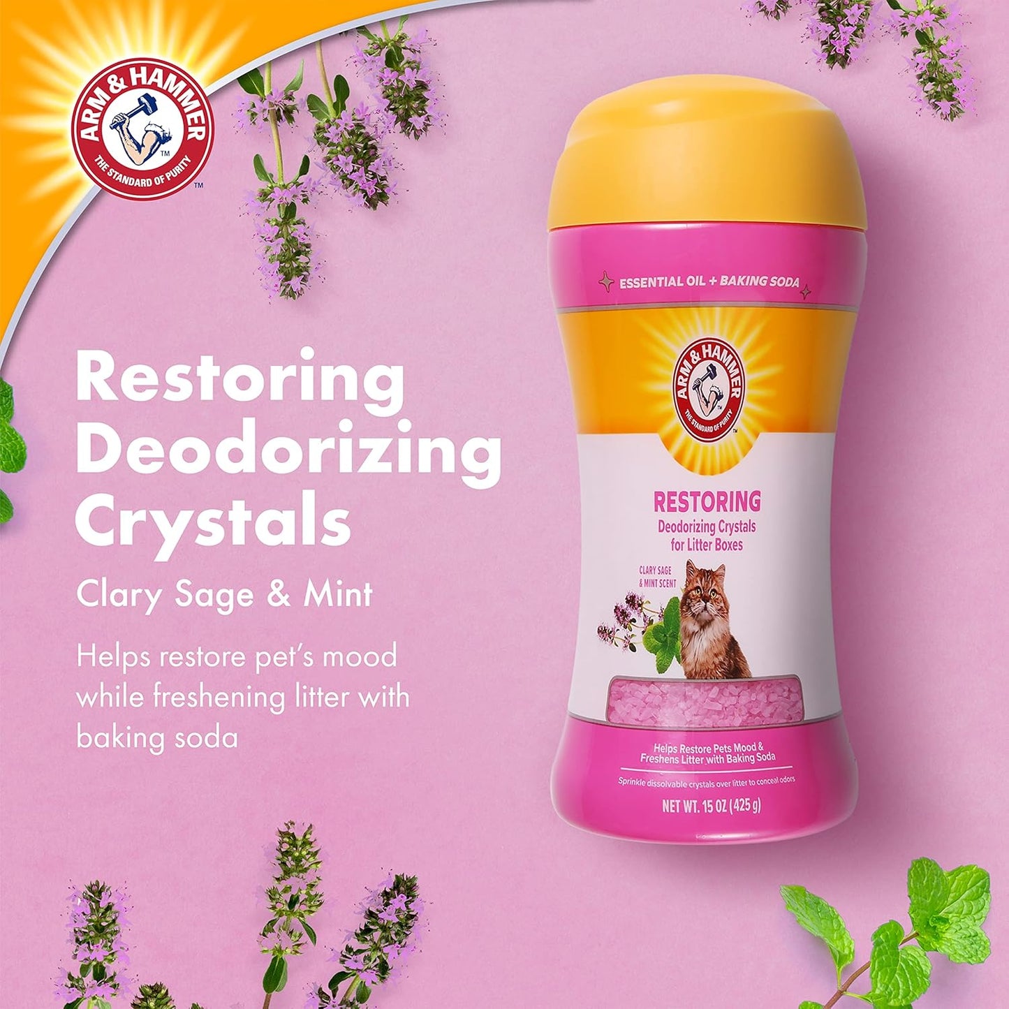 Arm & Hammer Restoring Cat Litter Box Deodorizing Crystals, Litter Deodorizer Additive to Help Absorb Odors and Restore Freshness Between Changes, Clary Sage & Mint Scent, 15 Oz
