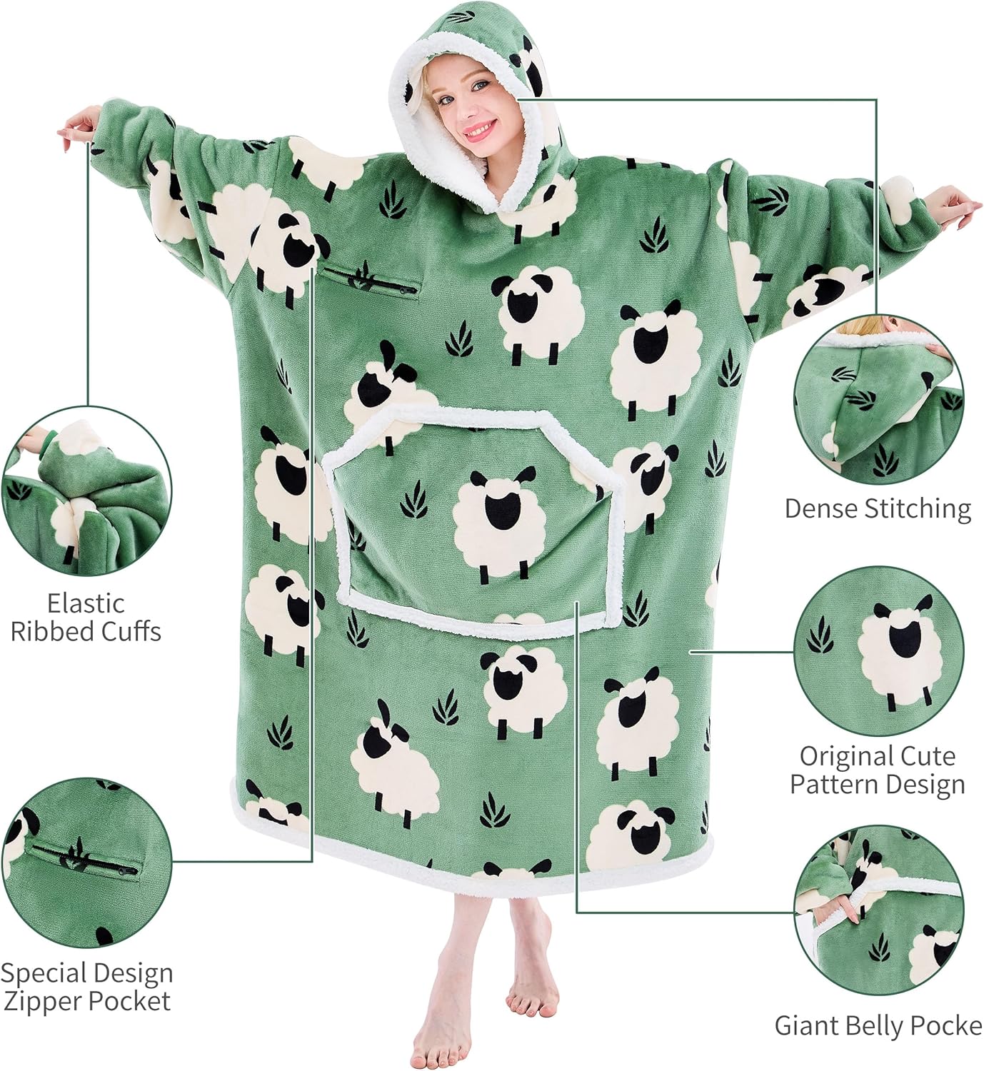 IFNOW Wearable Blanket Hoodie, Oversized Sherpa Fleece Hooded Sweatshirt with Eye Mask for Adult, Gifts for Women Men