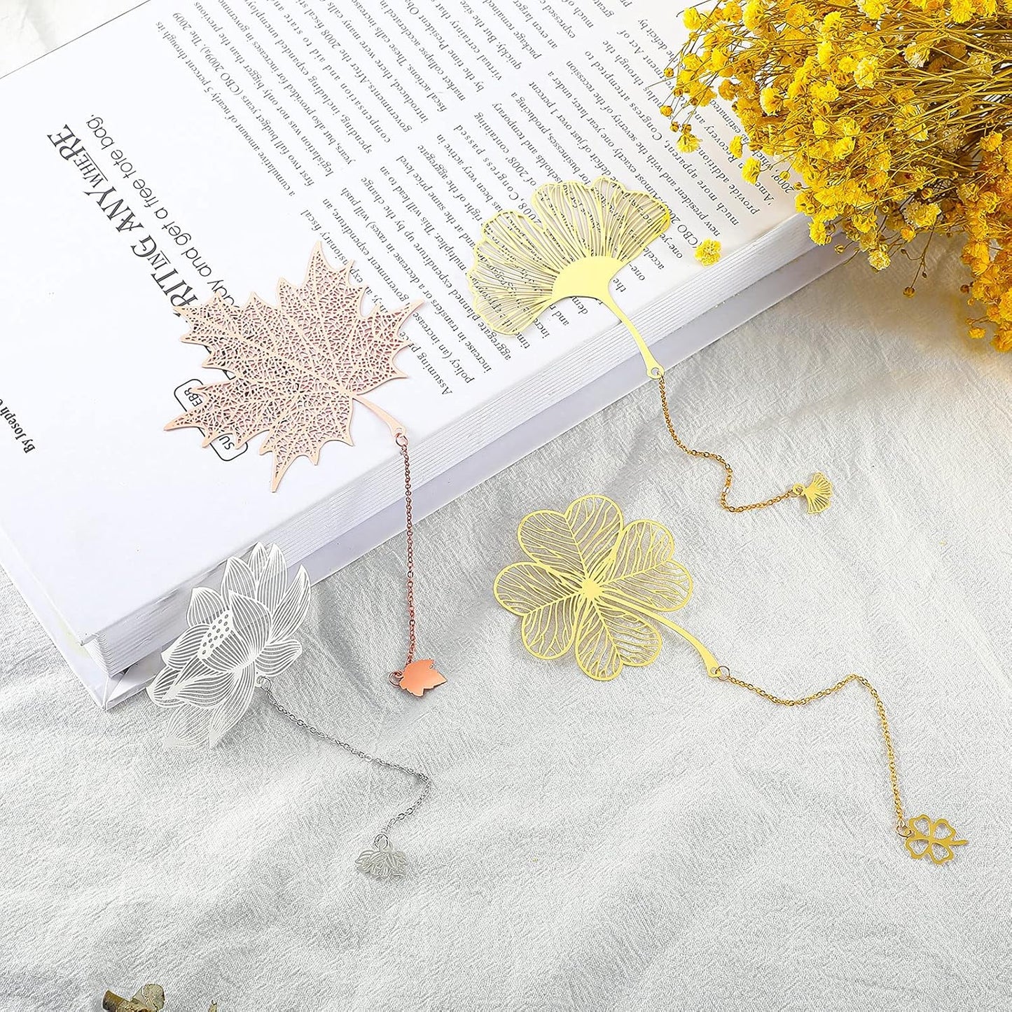 12 Pieces Metal Bookmarks with Chain for Women Metal Leaf Bookmark for Book Lovers Writers Readers Children Teens Adults Gold Silver and Rose Gold(Chain Style)
