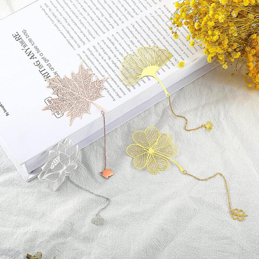 12 Pieces Metal Bookmarks with Chain for Women Metal Leaf Bookmark for Book Lovers Writers Readers Children Teens Adults Gold Silver and Rose Gold(Chain Style)