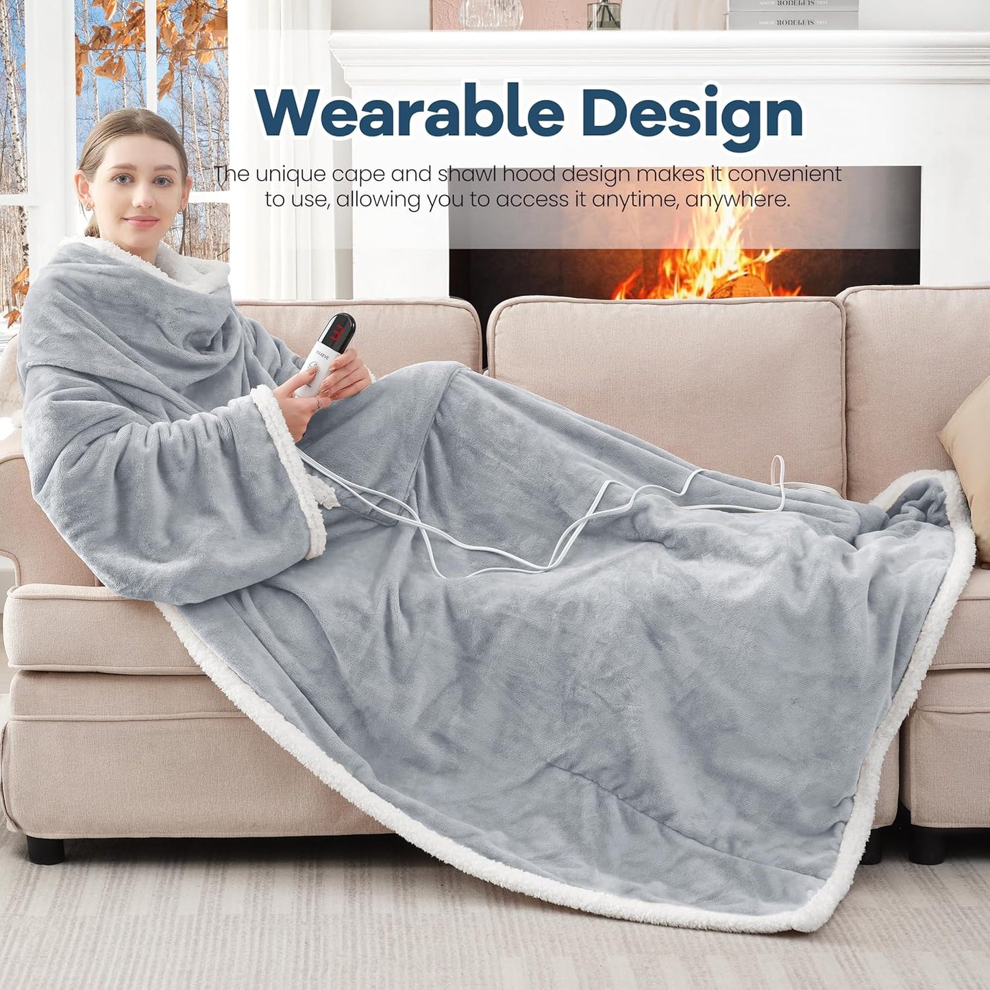 Heated Blanket Wearable Electric Blanket with Foot Pocket and Sleeves, Heating Throw Blanket, Electric Snuggle Blankets, 6 Heating Levels Setting & 4 Hours Auto Shut Off, Machine Washable (Long,Grey)