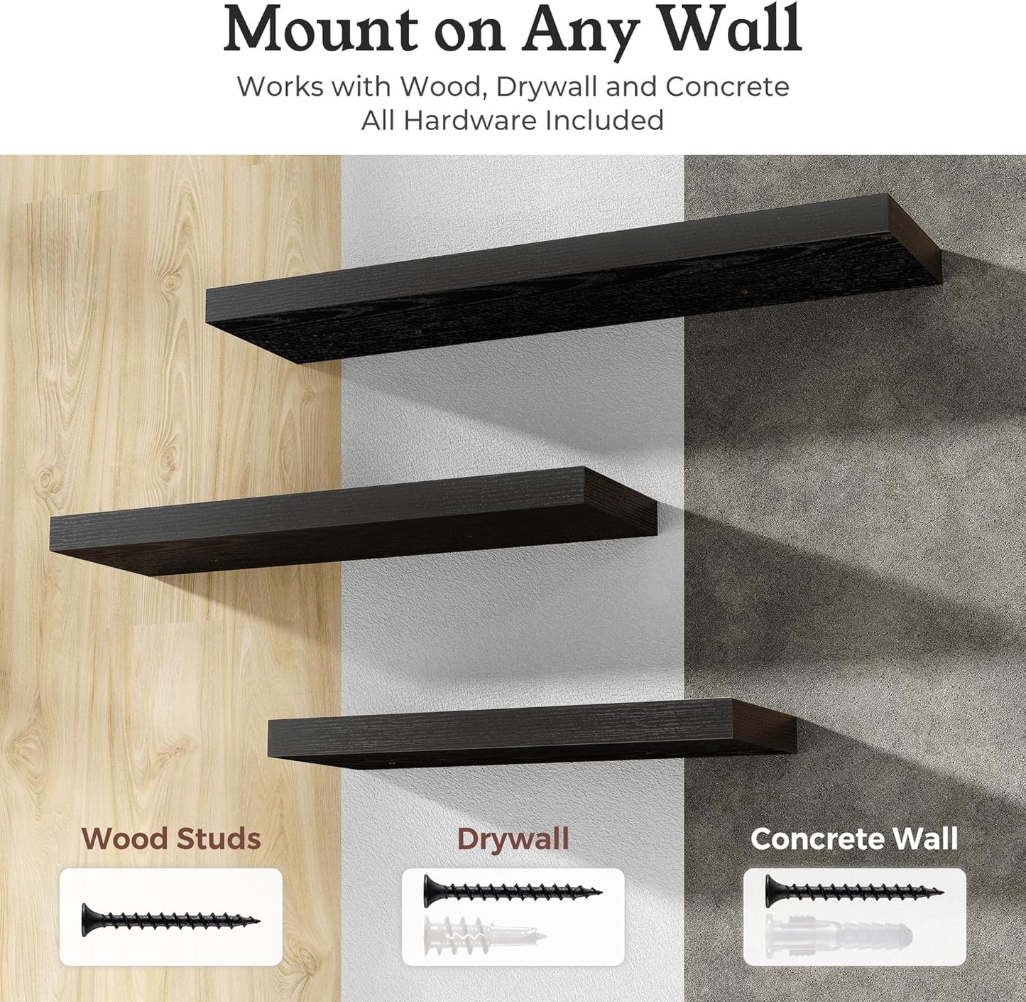Floating Shelves for Wall, 7.9" Deep Wall Mounted Wood Shelves for Bathroom, Bedroom, Living Room, Kitchen, Hanging Shelf for Books/Storage/Room Decor (Black, 16")