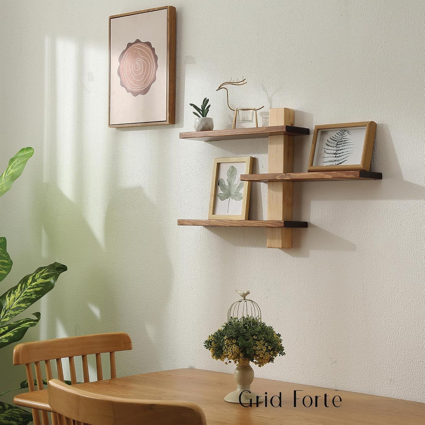 Wood 3 Tier Floating Shelf, Large Minimalist Wall Shelves, Mid Century Modern Furniture, Art Deco, Plant Rock Crystal Shelving for Bedroom Living Room Office Bathroom
