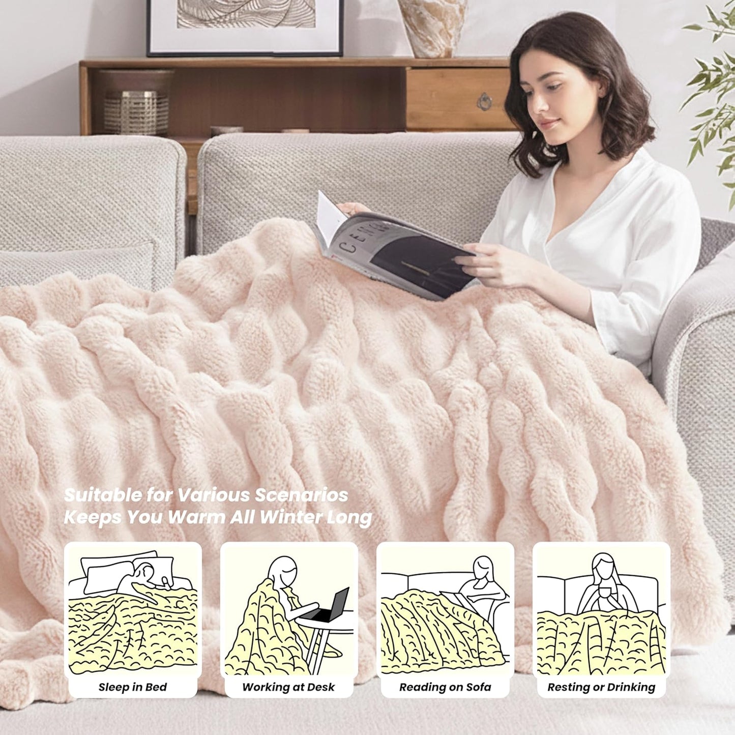 Heated Blanket Throw 50''x60'', Fast Heating Electric Blanket Ultra-Soft Faux Rabbit Fur with 5 Heat Levels & 5H Auto Shut-Off, Overheat Protection, Machine Washable