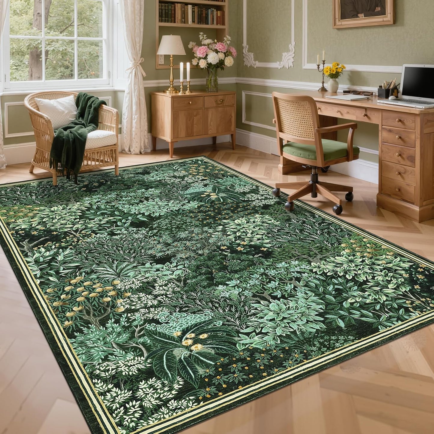 GarveeHome Forest Rugs 8x10, Dark Green Washable 8x10 Area Rug for Living Room, Botanical Low Pile Non Slip Stain Resistance Large Carpet for Office Dining Room, Farmhouse