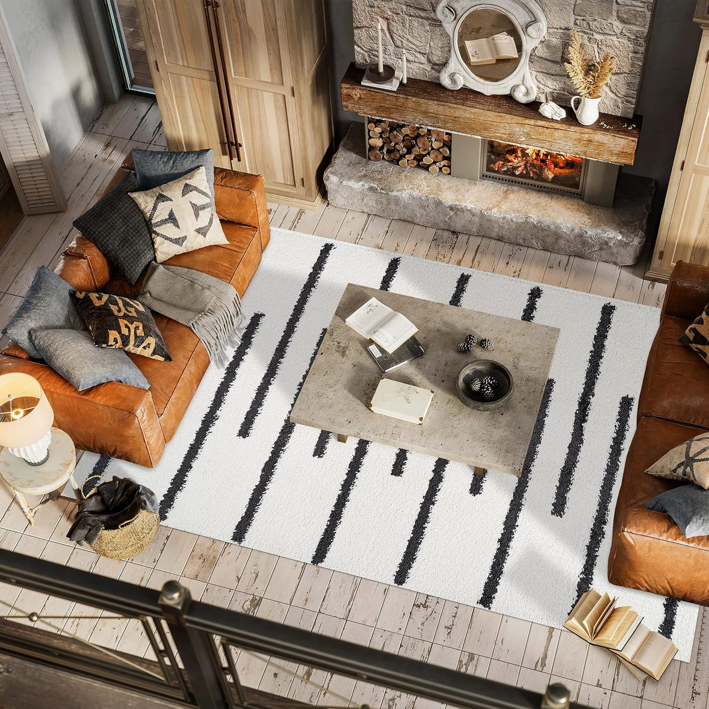 JONATHAN Y Alaro Berber Stripe Shag White/Gray Indoor Area Rug, 4x6, Bohemian, Contemporary, Easy-Cleaning for Living Room, Bedroom, Kitchen, Pet Friendly, Non-Shedding (MOH402A-4)