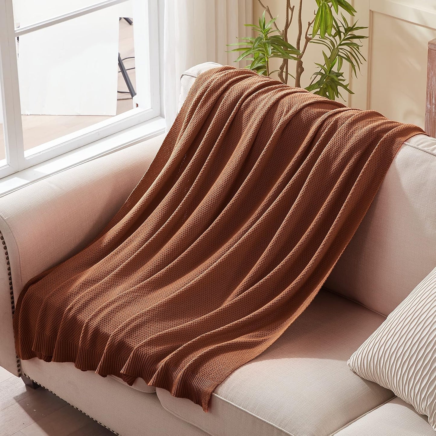 TREELY 100% Cotton Knitted Throw Blanket for Couch Chair Bed Home Decorative, Soft & Cozy Knit Throw Blanket(60"x80", Brown)