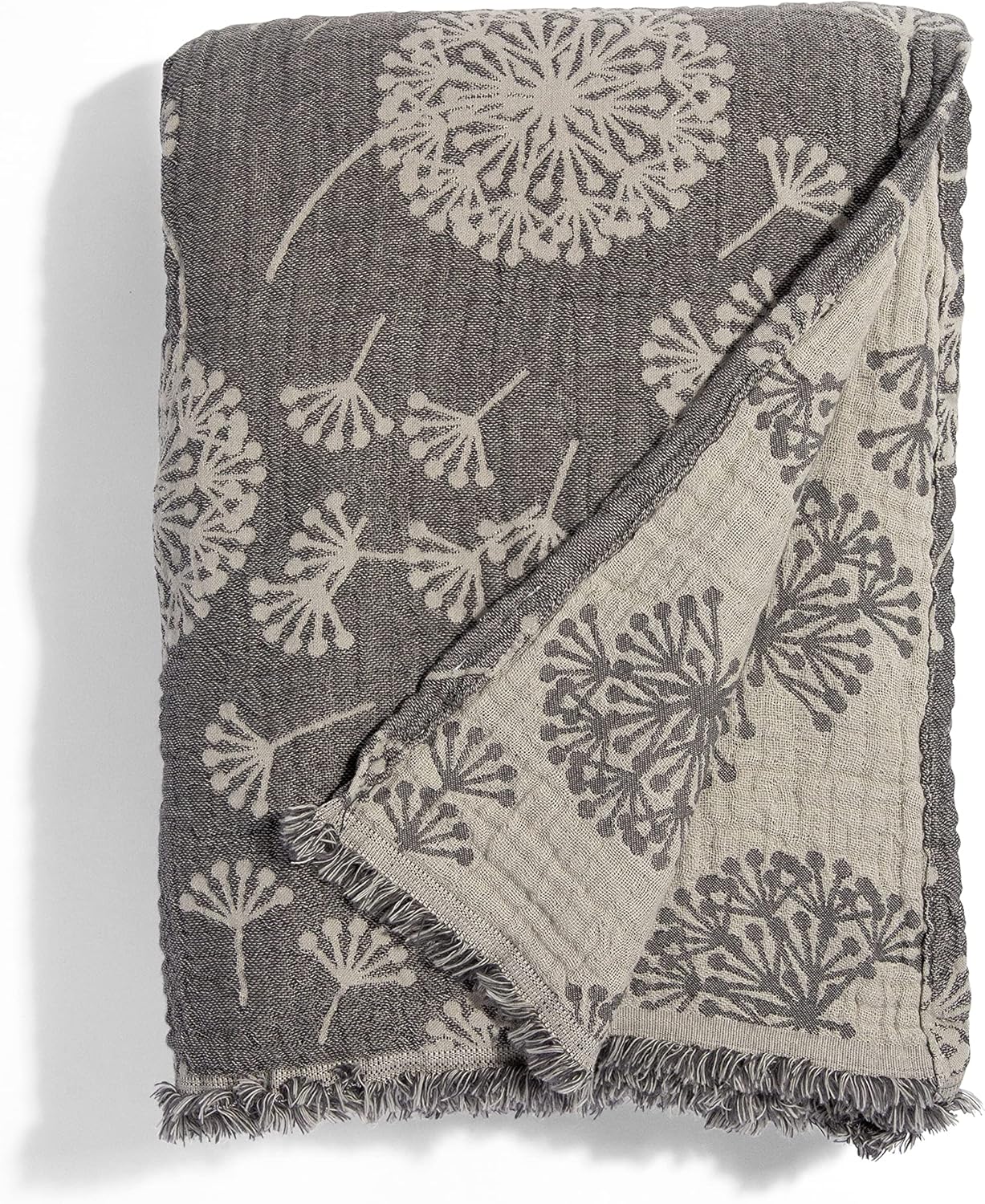 InfuseZen Large Turkish Muslin Throw Blanket - Reversible Dandelion Design -100% Turkish Cotton Gauze - 92" x 65" - Soft, Thin, Lightweight, Breathable - Sofa, Bed, Picnic, Beach - Charcoal/Grey