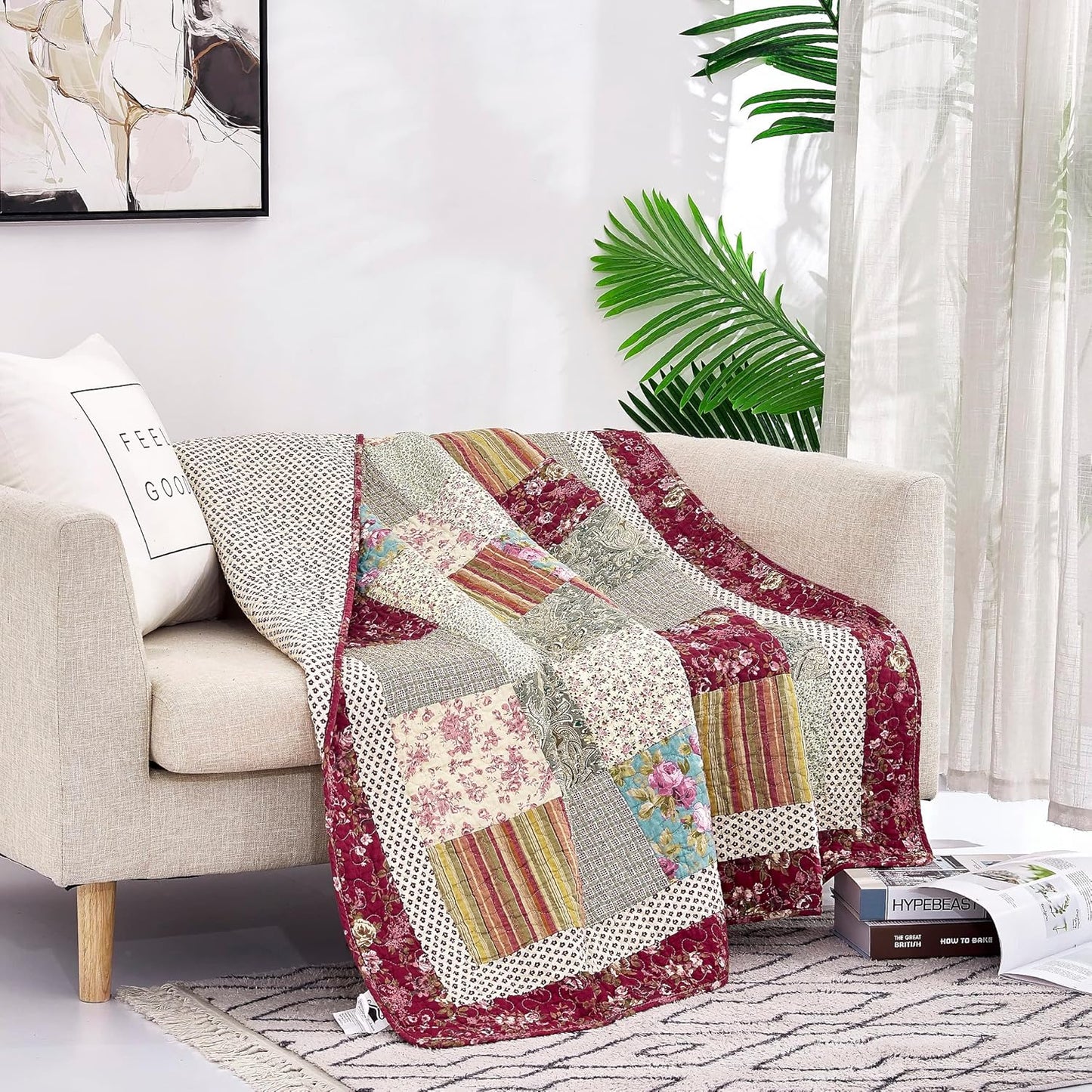 Tache Cotton Patchwork Quilt Blanket Country Farm Cottage Vintage Antique Ditsy Floral Paisley Burgundy Beige Lightweight Coverlet Fairy Tale Tea Party Quilted Throw Blanket, 50x60