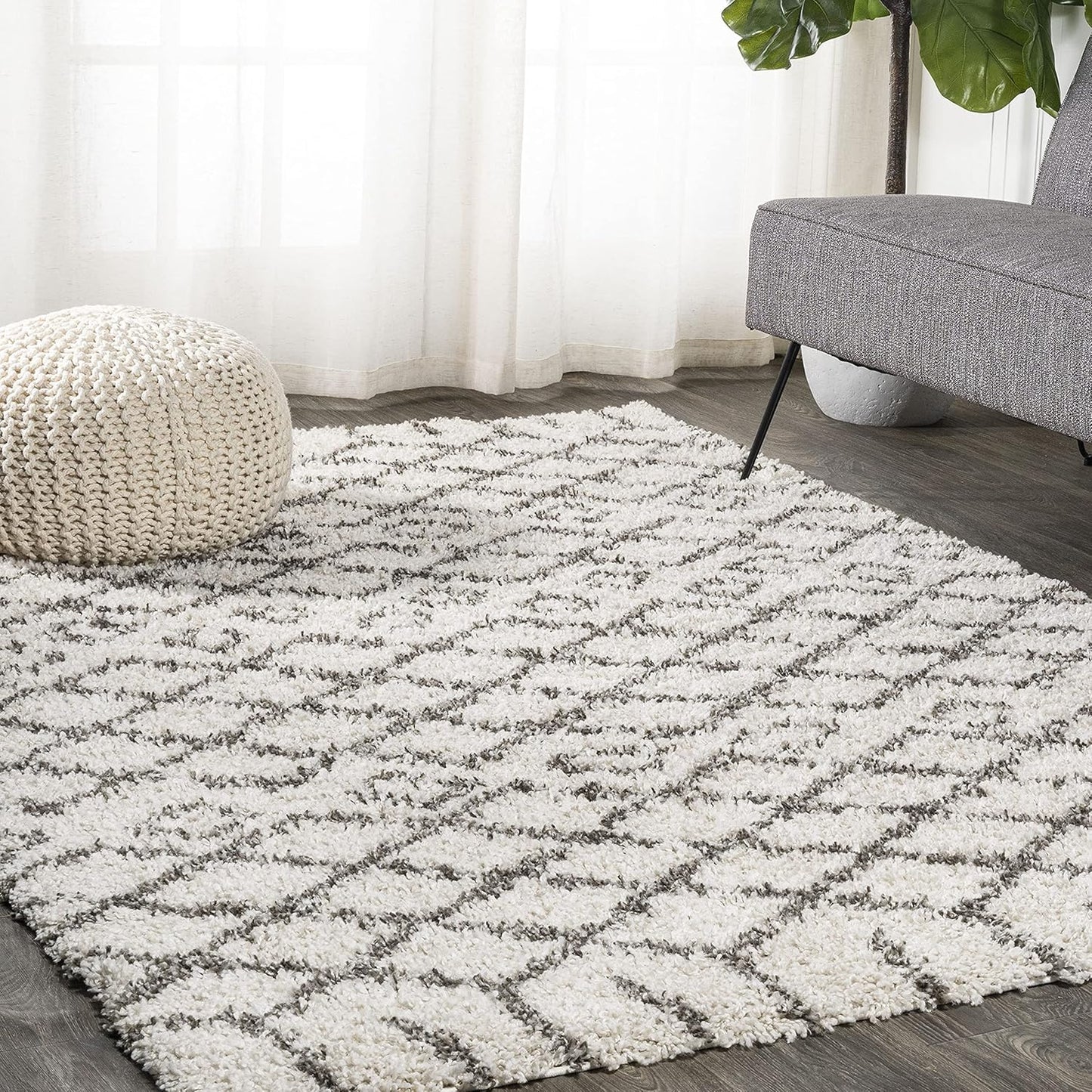 JONATHAN Y Diamond Shag Beige/Dark Gray Indoor Area Rug 4X6 ft, Algaida Moroccan for Living Room, Bedroom, Kitchen, Office, Easy-Cleaning, High Traffic, Pet-Friendly, Non-Shedding SHG104A-4