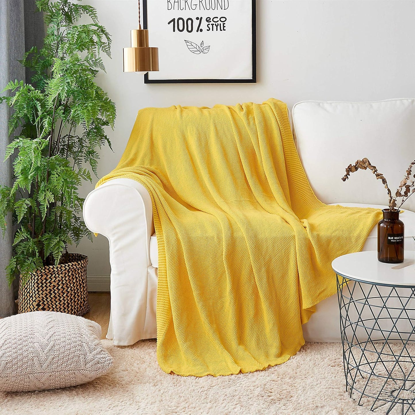 Longhui bedding Lemon Bright Yellow Cotton Cable Knit Throw Blanket for Couch Sofa Chair Home Decorative, Woven Throw Blankets 50 x 60 Inch 2.1 Pounds with a Washing Bag