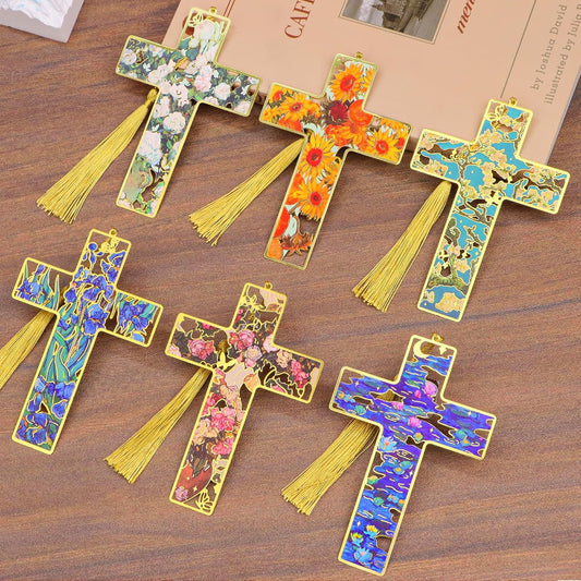 6pcs Metal Bookmarks Cross Bookmarks for Women Men Kids Teacher Book Lovers Gifts, Christian Religious Bible Personalized Bookmark with Tassel Hollow Oil Painting Style Cute Book Marks