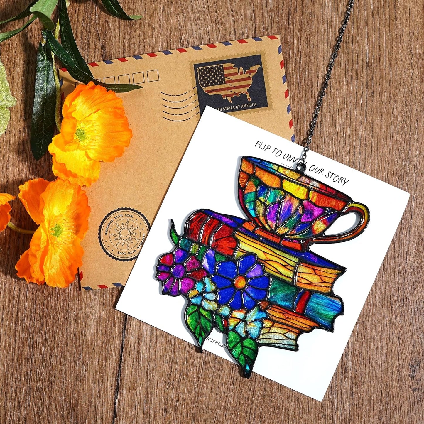 Books Teacup Handmade Artisan Resin Sun Catcher for Bookworm, Stained Glass Effect Window Hanging Ornament Garden Decor, Gifts for Readers, Valentines Day Gift for Women Mom Wife
