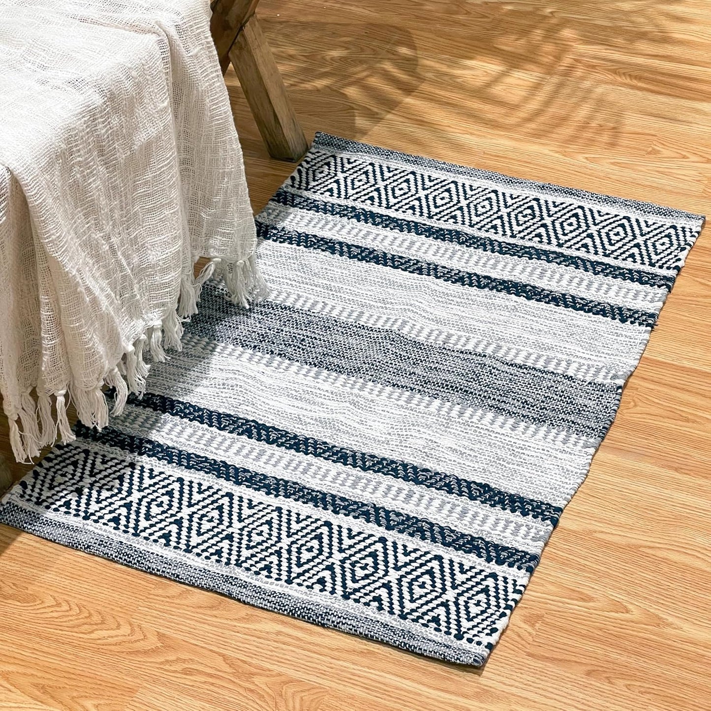 Chardin home Farmhouse Rug 24''x36'' Grey-Navy | Recycled Cotton Hand Woven Rug, Long Boho Rug | Perfect for Hallways, Kitchens, Bathroom, bedrooms, Meditation Yoga Mat | Machine Wash