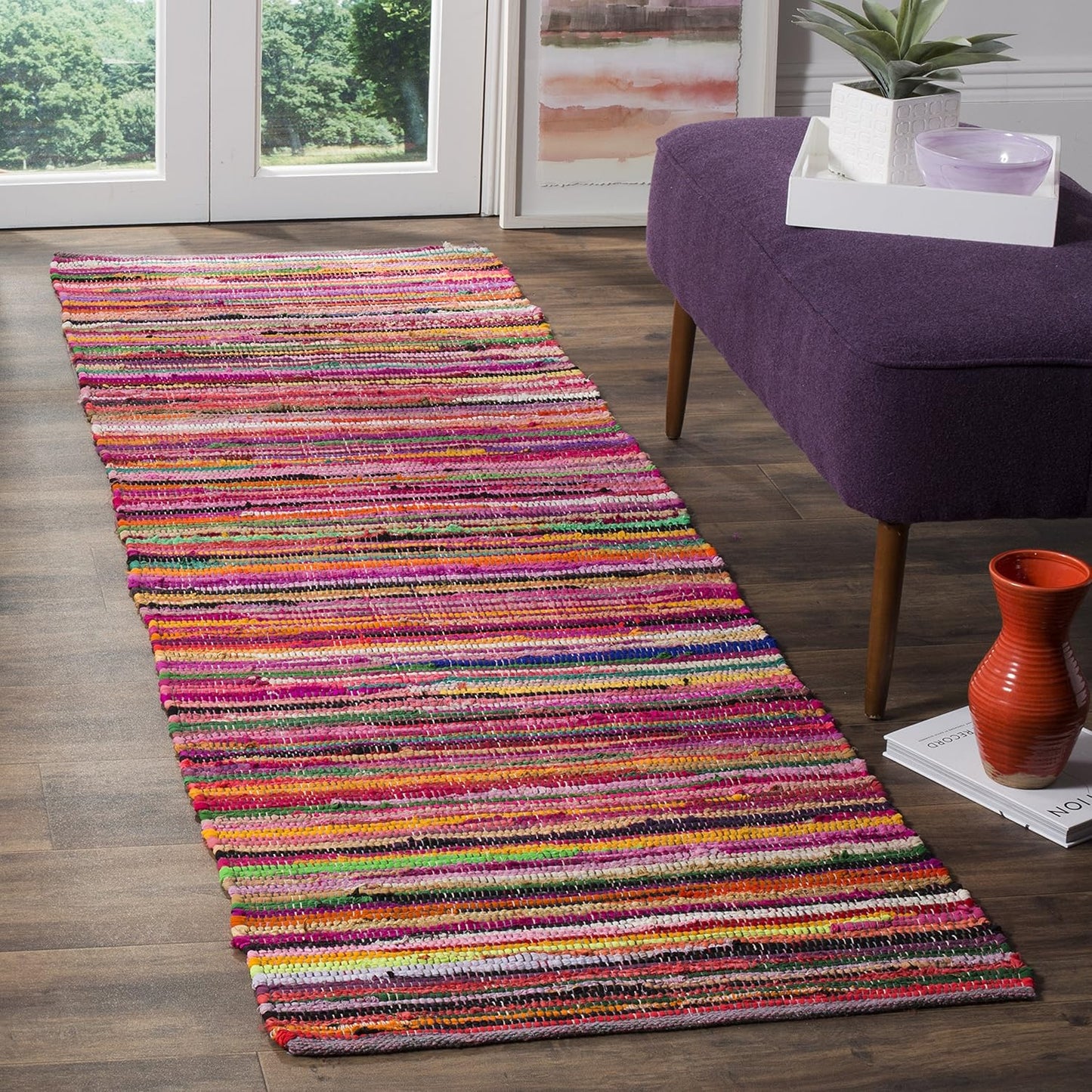 SAFAVIEH Rag Rug Collection Accent Rug - 2' x 3', Red & Multi, Handmade Boho Stripe Cotton, Ideal for High Traffic Areas in Entryway, Living Room, Bedroom (RAR240D)
