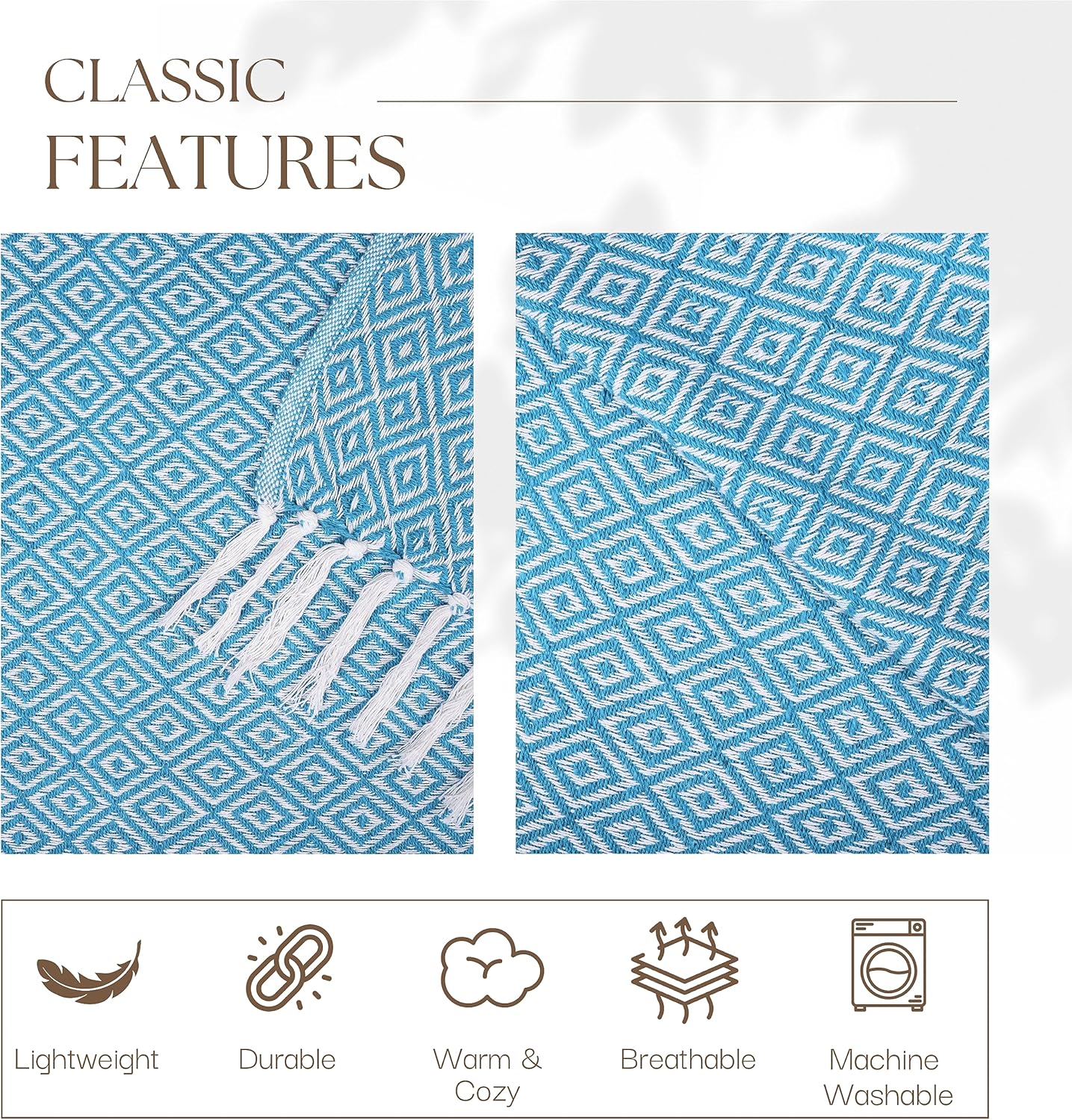 RAJRANG Throw Blanket Cotton with Tassel - 50x60 Inches Soft 100% Cotton Boho Decorative Farmhouse Throw for Bed Sofa Chairs and Couch Caribbean Sea Blue
