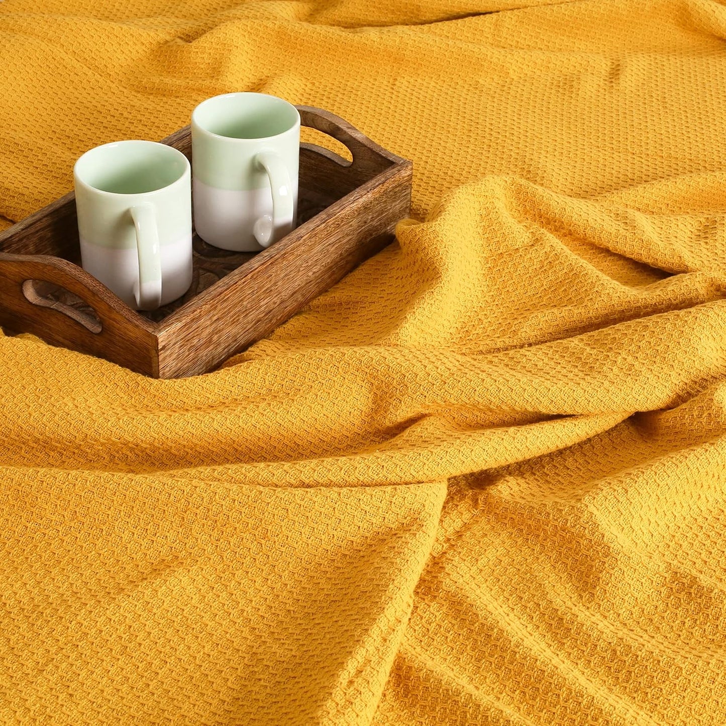 BOUTIQUO 100% Cotton Bed Blanket, Breathable Thermal King Size, Soft Honeycomb Waffle Blanket 90"x102", Perfect for Layering Any Bed for All Season, Mustard Yellow
