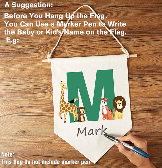Personalised Woodland Animal Flag Decor Gifts for Baby Boy Girl Newborn Kids-Jungle Safari Pennant Banner Wall Pennants for Nursery Baby Room Bedroom Playroom Decor-Monogrammed Initial Letter M