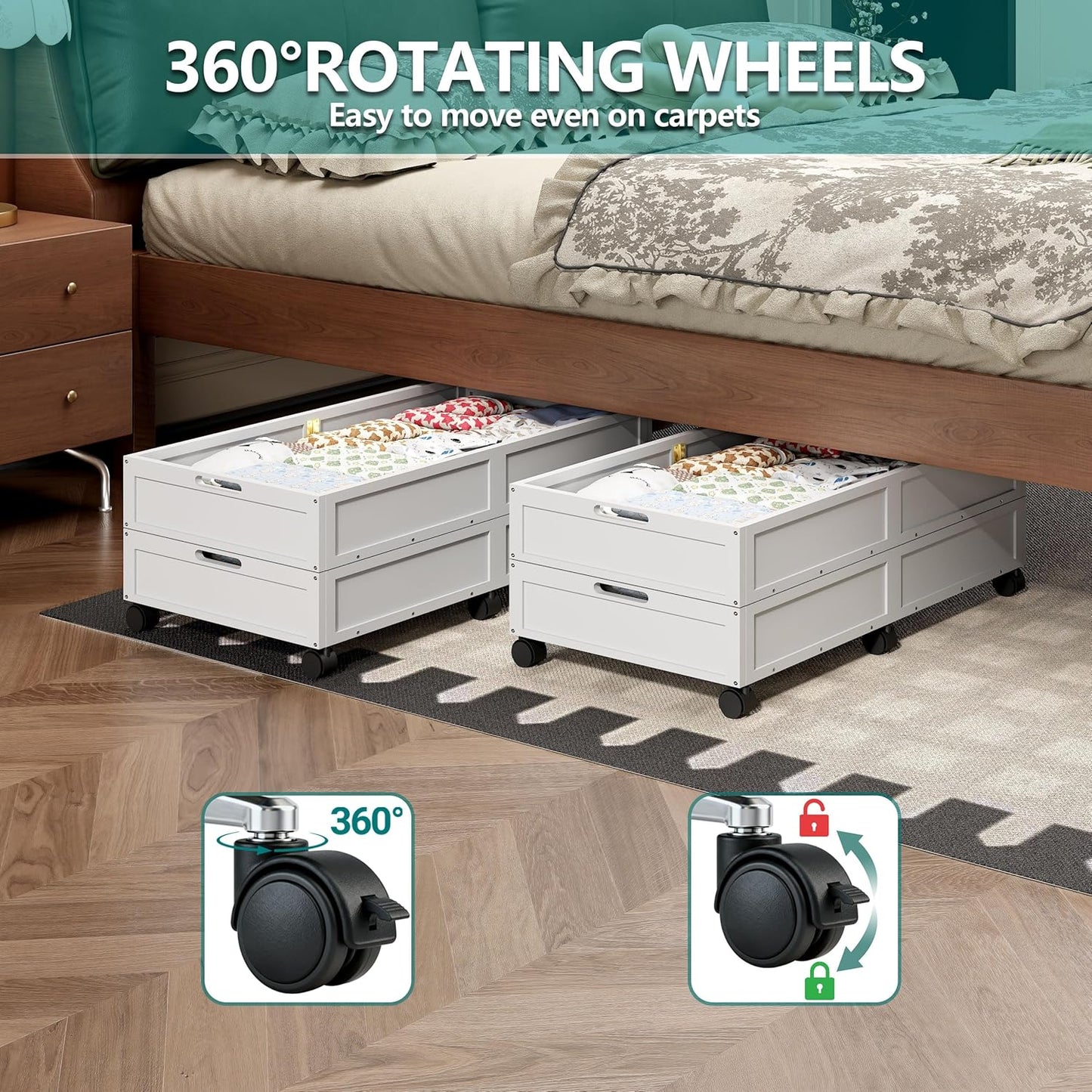Wood Under Bed Storage Containers Underbed Organizer with Wheels Sturdy Wood Rolling Under Bed Shoe Storage Organizer 2 Packs (White, Large)