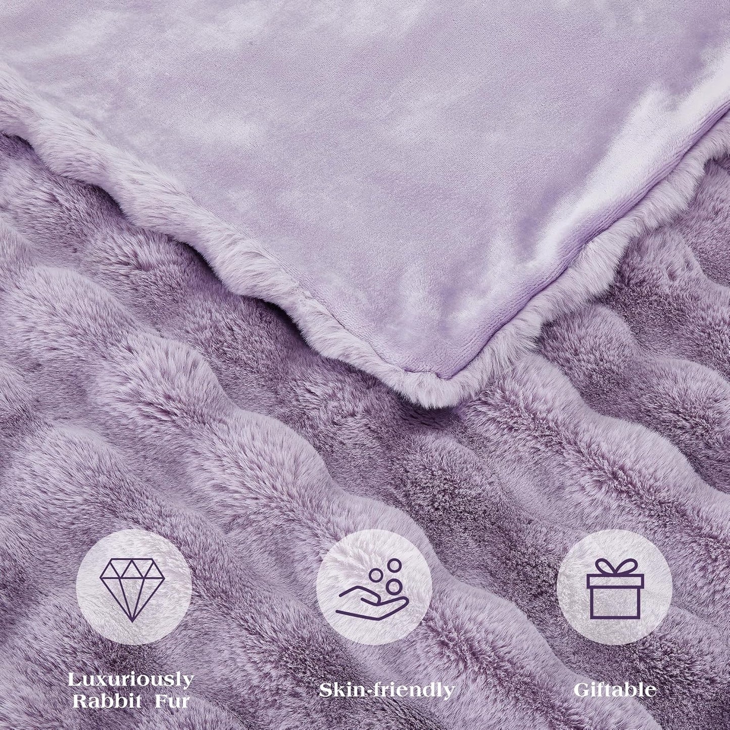 JONIYEAR Extra Large Soft Fuzzy Bubble Faux Rabbit Fur Bed Blanket Queen Size 80" x 90", Reversible Aesthetic Warm Thck Fluffy Blanket for Winter, Luxury Cozy Shaggy Plush Furry Blankets,Lilac Purple