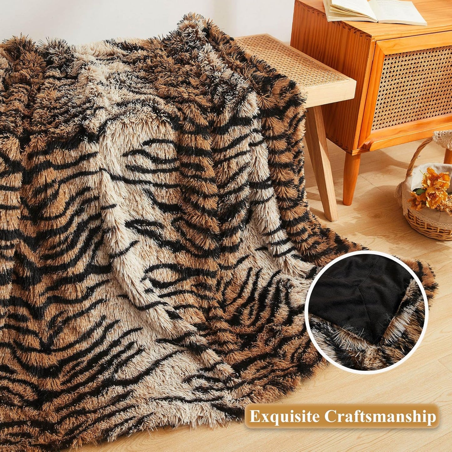XeGe Luxury Faux Fur Throw Blanket, Soft 50x60 Tiger Print Fluffy Blanket Throw, Shaggy Plush Decorative Farmhouse Couch Blanket, Cute Furry Throw Fuzzy Blanket for Sofa Bed, Tiger Print Brown