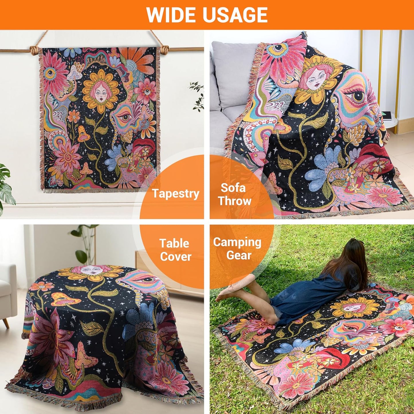 Hippie Flower Boho Throw Blanket for Couch Bed Chair Lounge Hippie Room Decor Reversible Cotton Woven Whimsical Throw Blanket Witchy Room Decor Throws Bed Spread Outdoor Camping Blanket 51x59 Inches